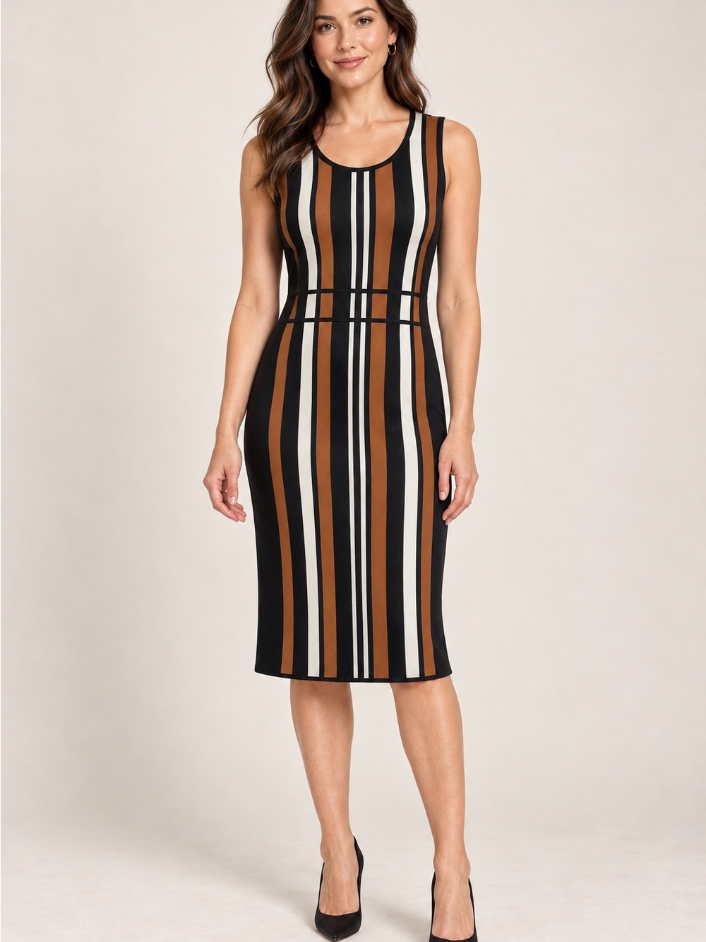 New York & Company Black, Brown and Cream Vertical Stripe Midi Dress